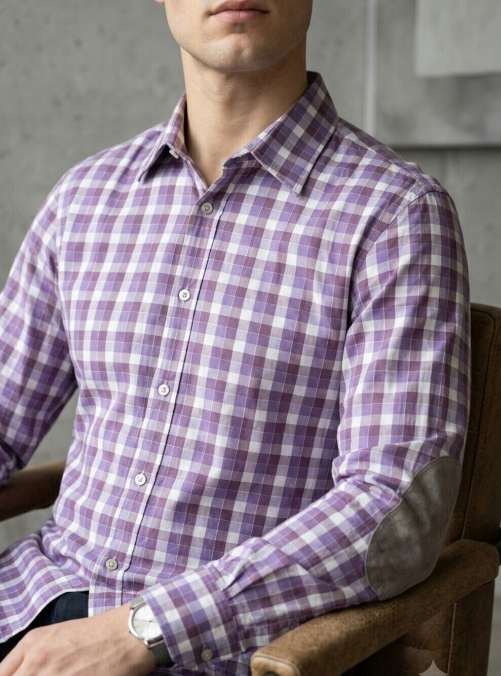 🇩🇪HUGO BOSS Purple Plaid Casual Button Down Shirt with patched elbows